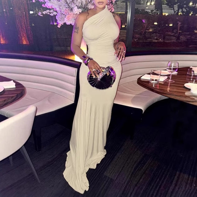 Women Elegant Wrap Maxi Dress with Asymmetric Neckline and Luxurious Cut Ivyshape