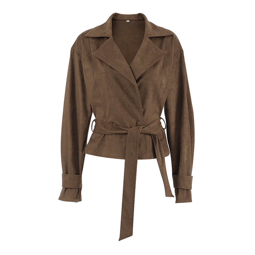 Women Fashionable Suede Blazer Jacket with Tailored Design and Ruffles Ivyshape