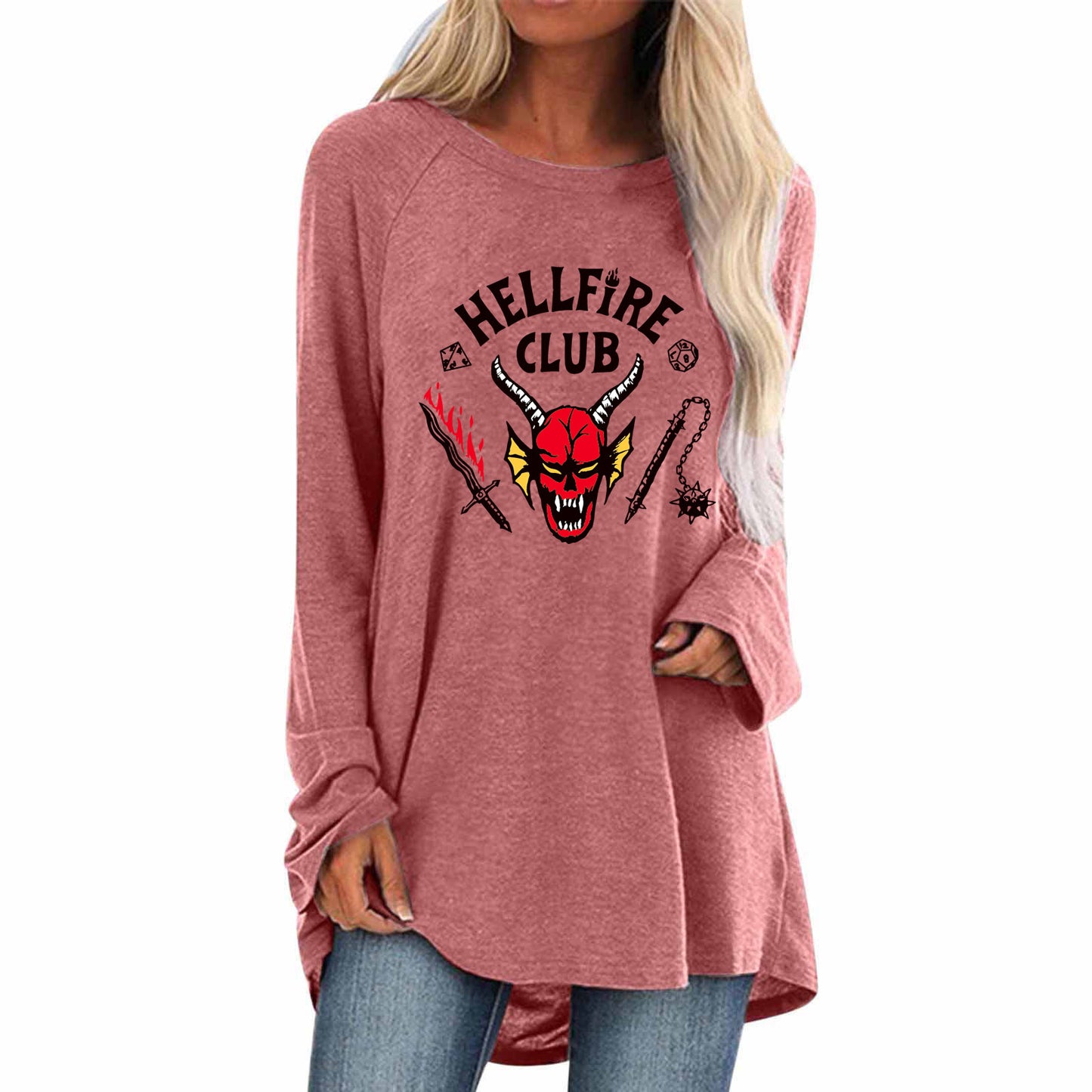 Women's Oversized Long Sleeve Shirt with Creative Hellfire Club Design Ivyshape