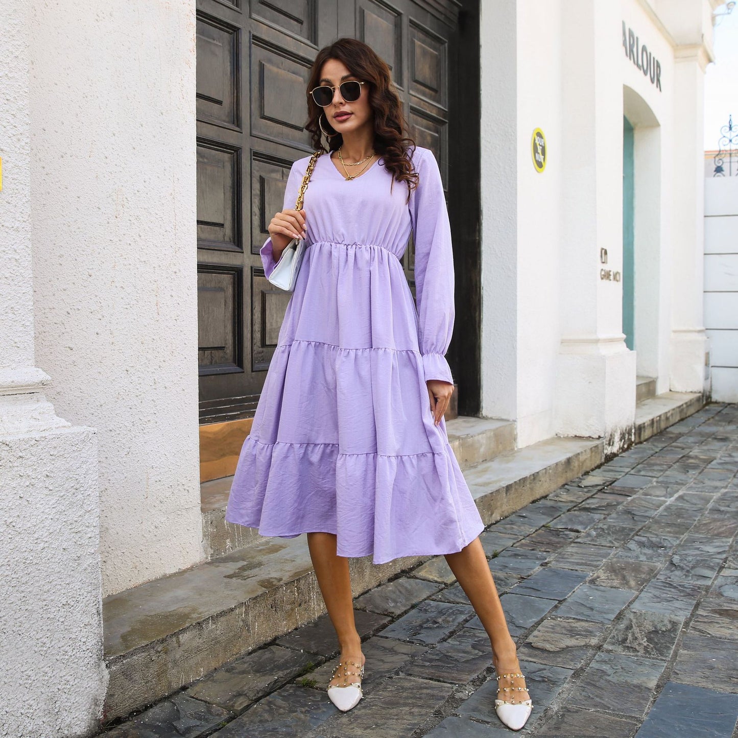 Ladies' midi dress with ruffles and long sleeves Ivyshape