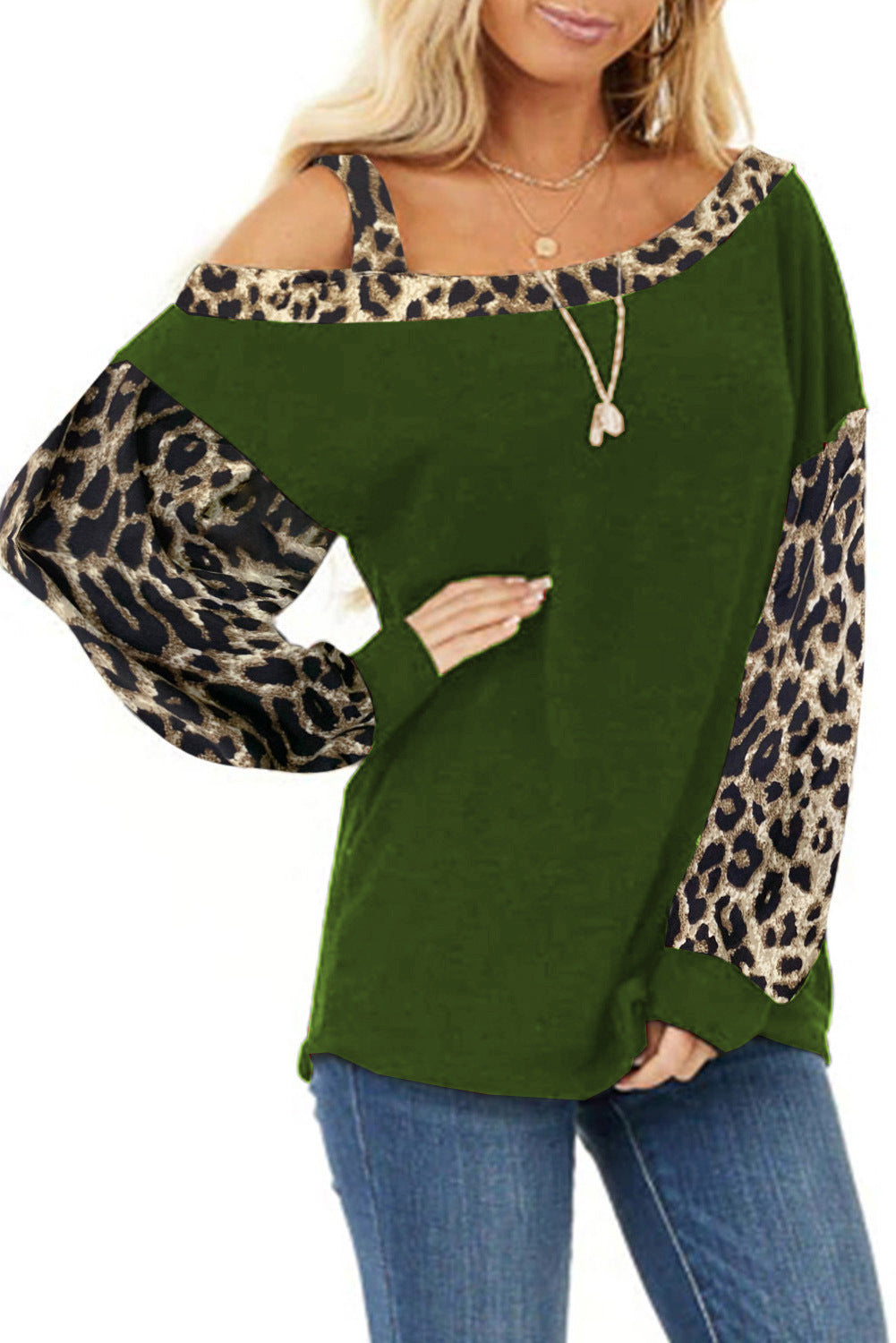 Women's casual top with off-shoulder design and trendy animal print sleeves Ivyshape