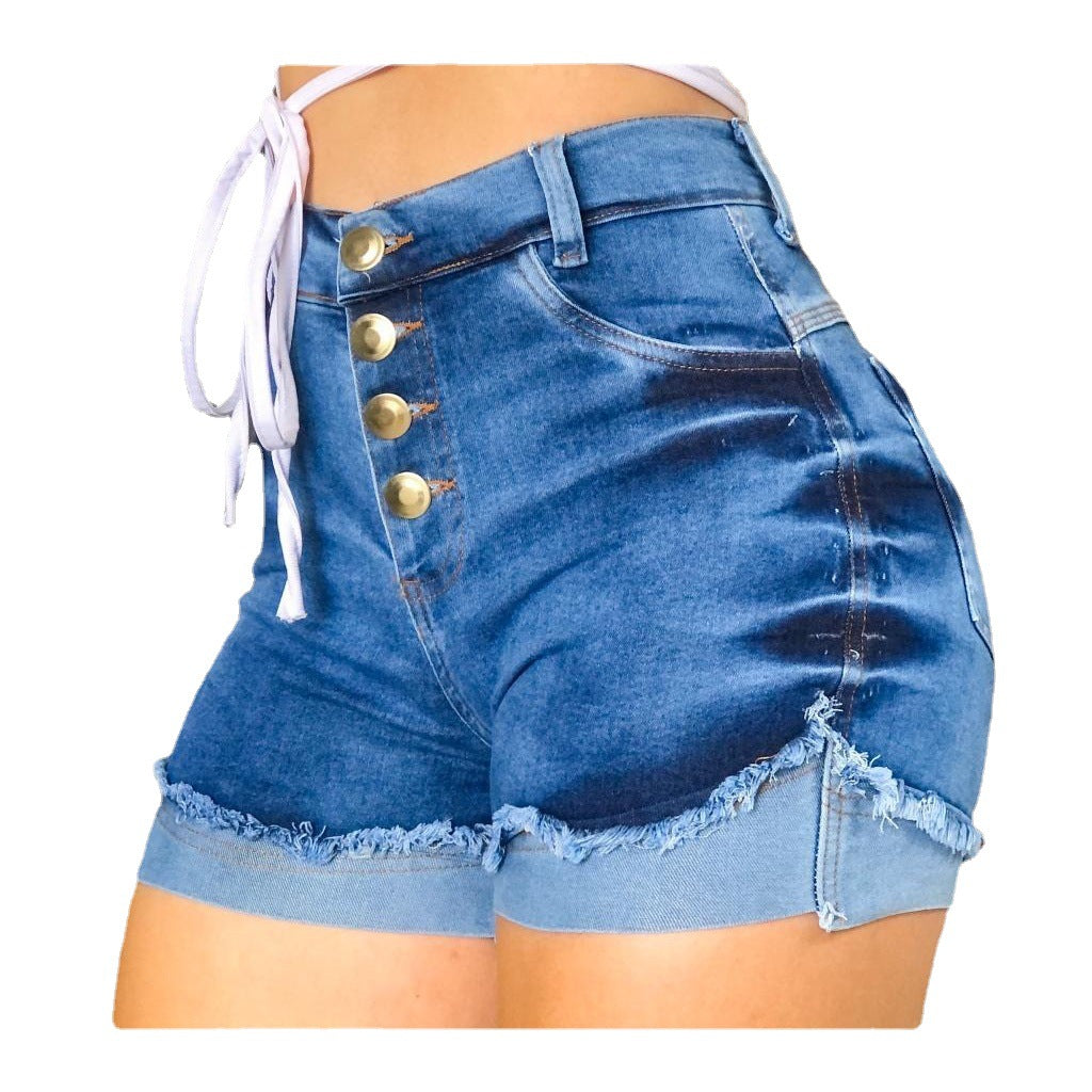 Women's High-Waist Jean Shorts with Button Closure and Fringes Ivyshape