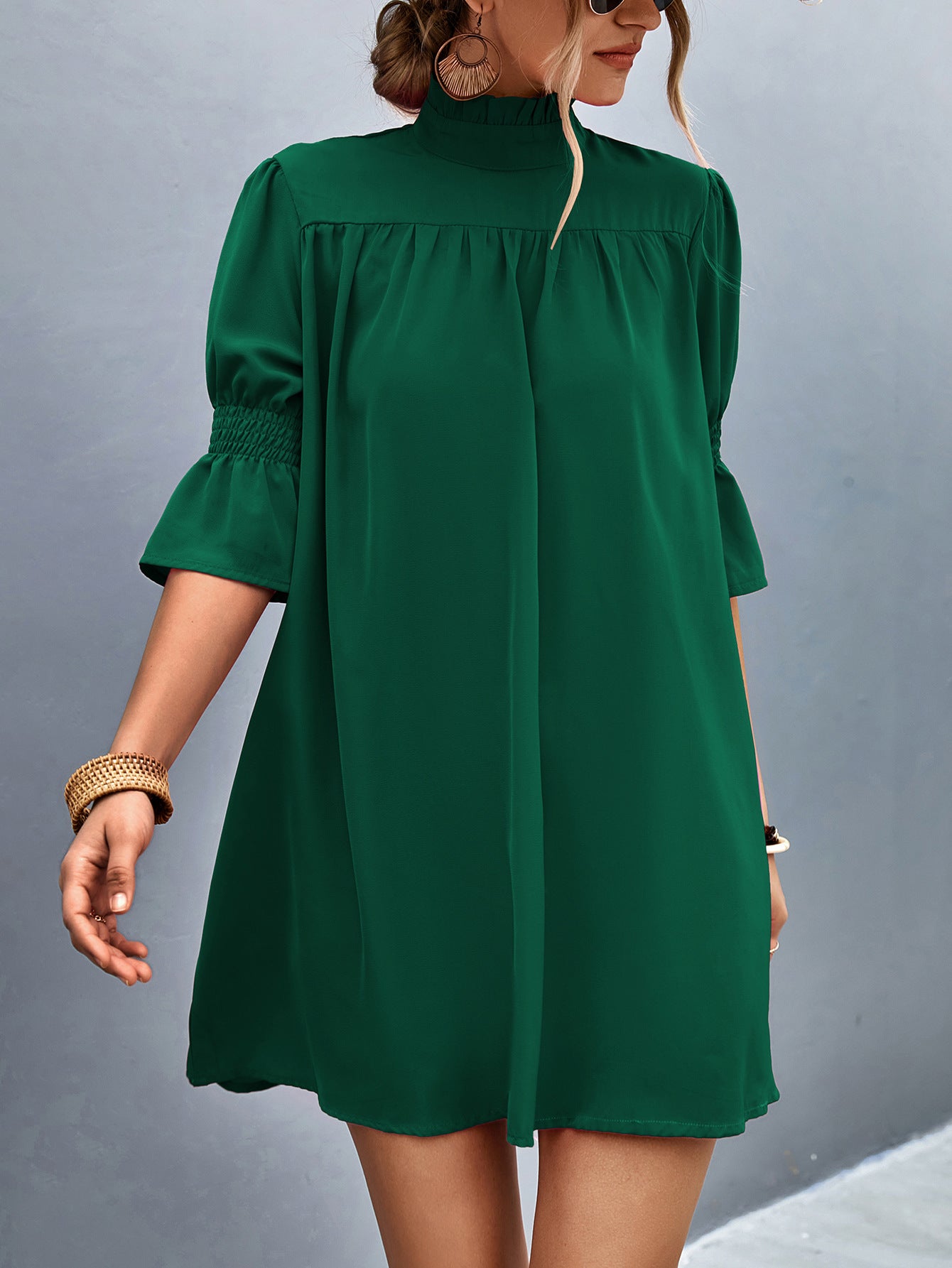 Women Festive Short Sleeve Dress with Stand Collar and Airy Sleeves Ivyshape