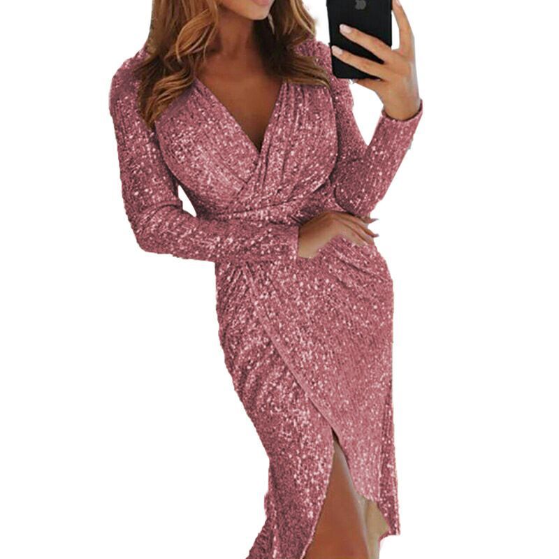 Ladies glamorous wrap dress made of sequins with deep V-neck and side slit Ivyshape