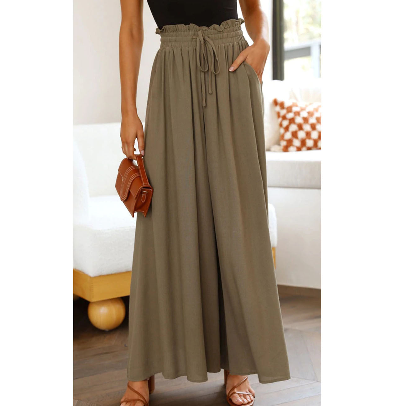 Ladies Wide Palazzo Pants with Elastic Waistband and Practical Pockets Ivyshape