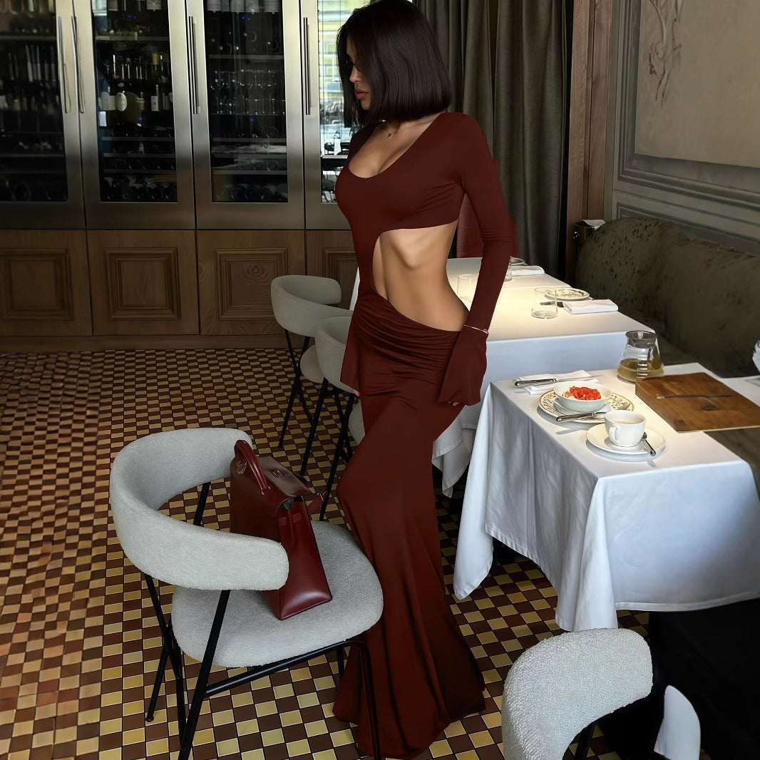 Women Fitted Maxi Dress with Sophisticated Cut-Out and Ruffle Details Ivyshape