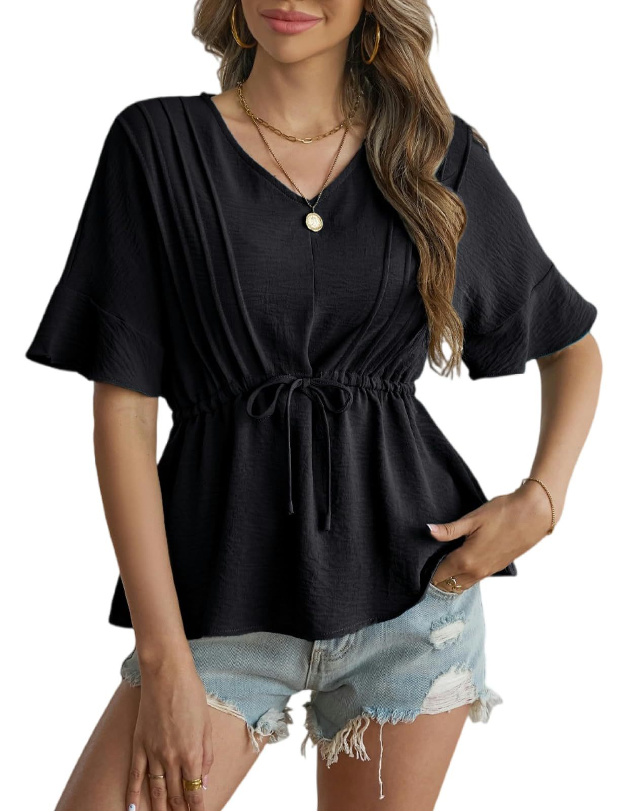 Women's casual pull-on shirt with waist drawstring Ivyshape