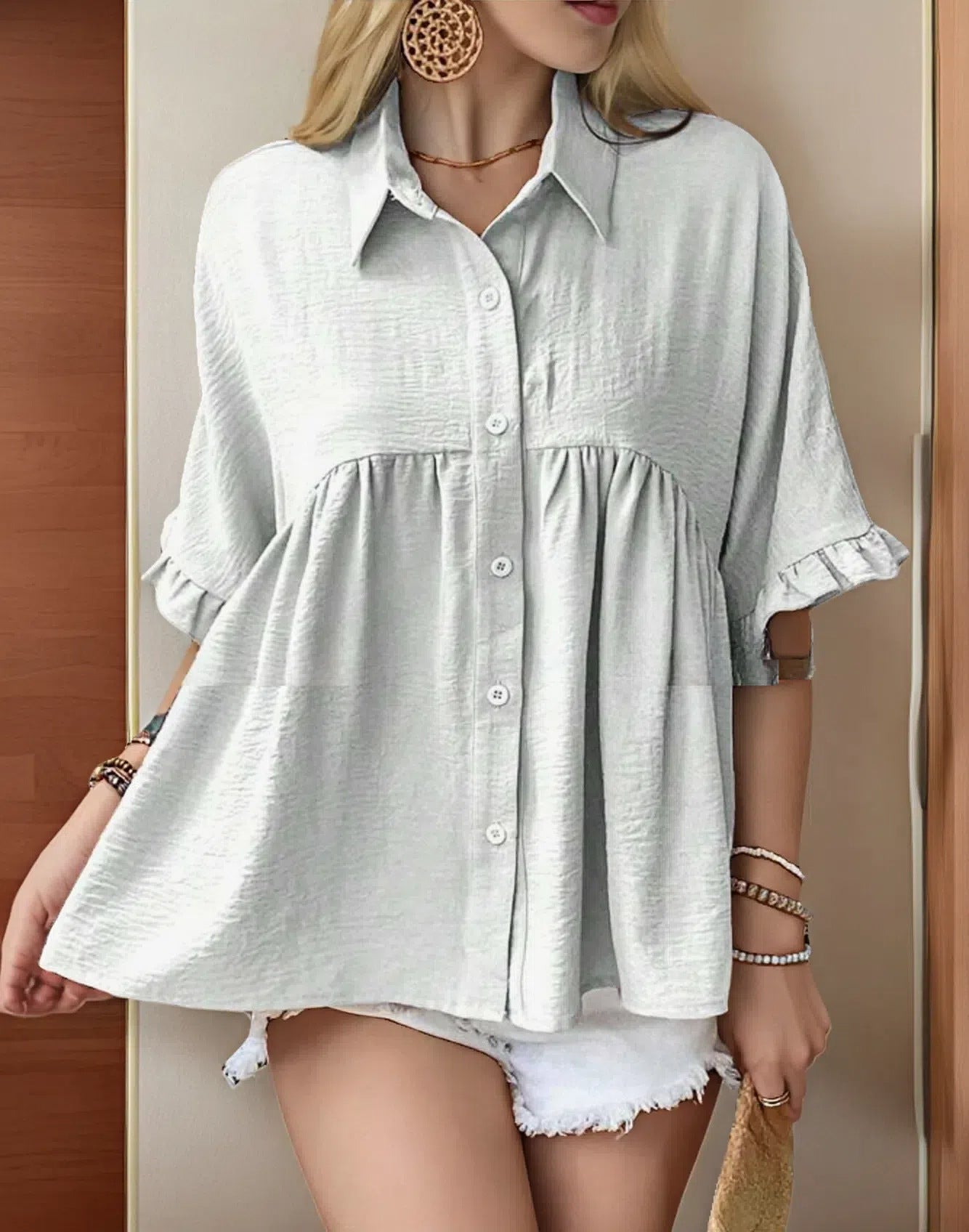 Women's Flowing Short Sleeve Blouse Shirt with Ruffle Details Ivyshape