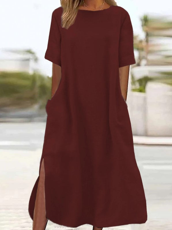 Ladies casual linen dress with practical side slit Ivyshape