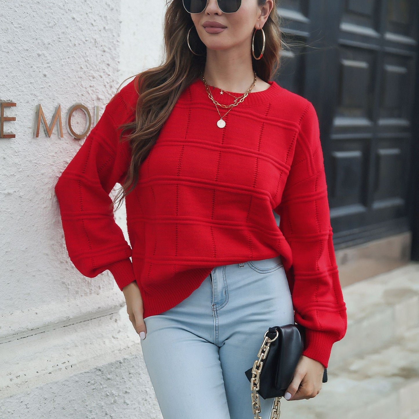 Women's chic knit sweater with textured wave pattern Ivyshape