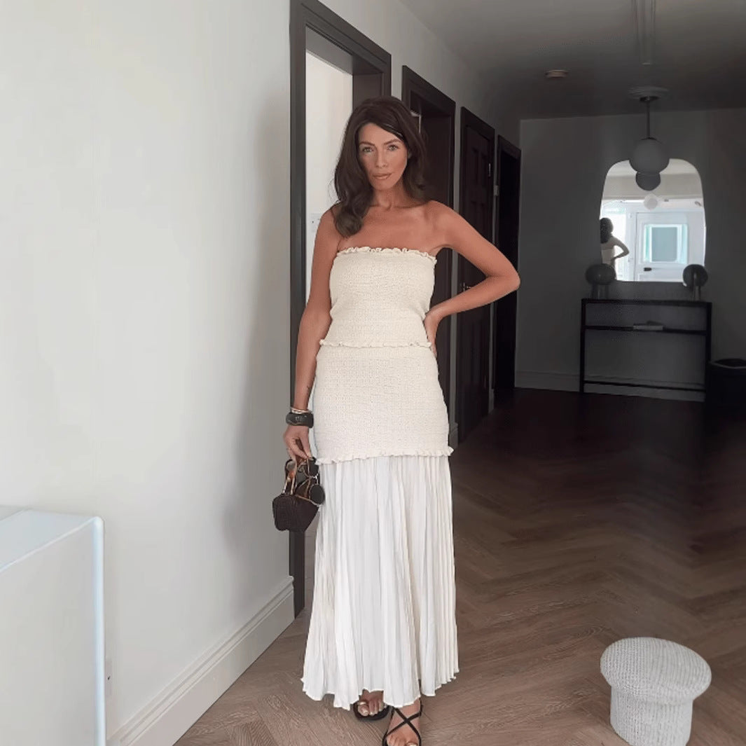 Women's fashionable and elegant maxi dress with ruffle details and pleated skirt Ivyshape