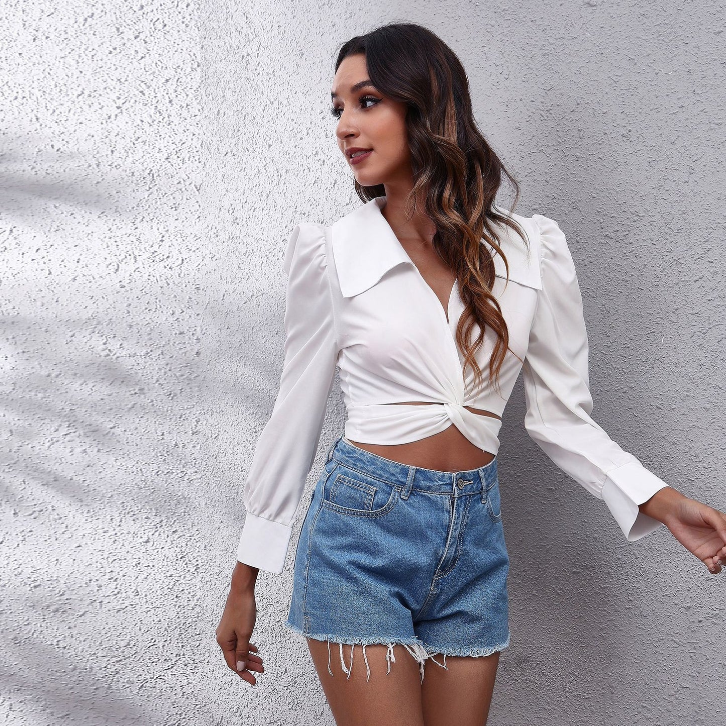 Women's High-Neck Blouse with Balloon Sleeves and Twist Detail Ivyshape