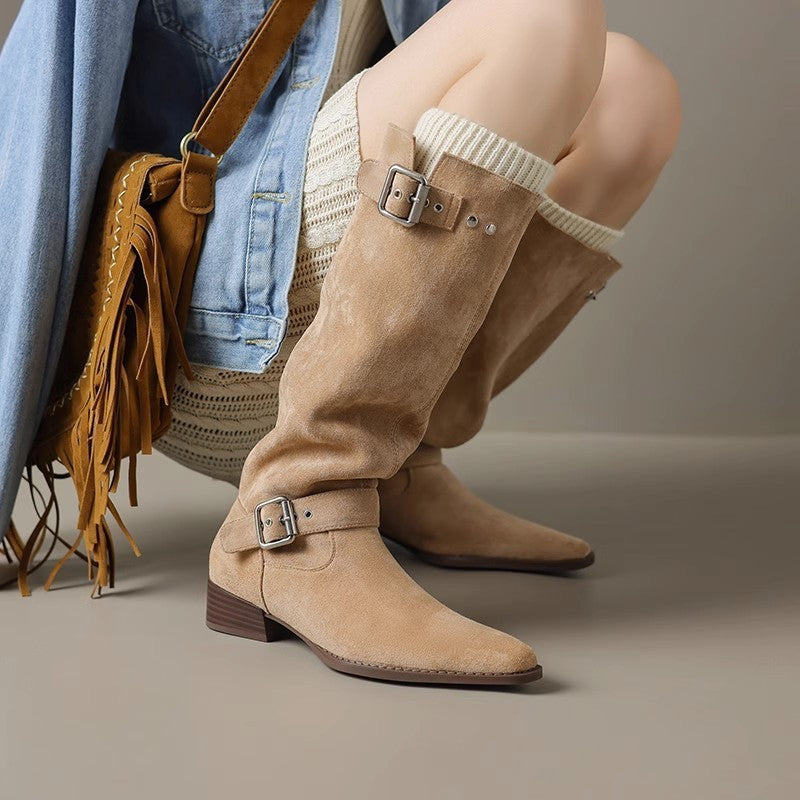 Ladies Over-the-knee boots made of soft nubuck leather with practical buckle details Ivyshape