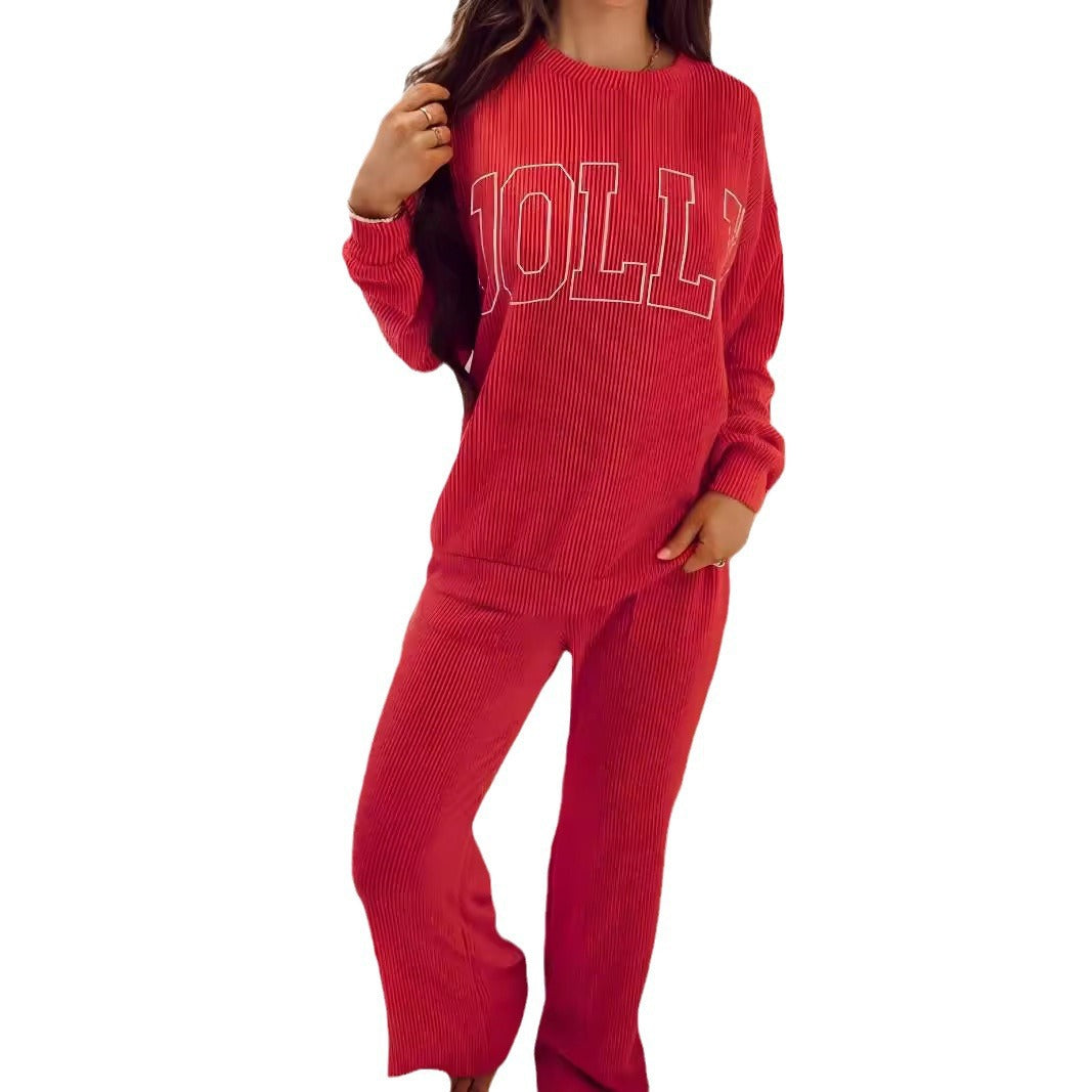 Women's Casual Sweatset with Ribbed Texture and Eye-Catching Lettering Ivyshape