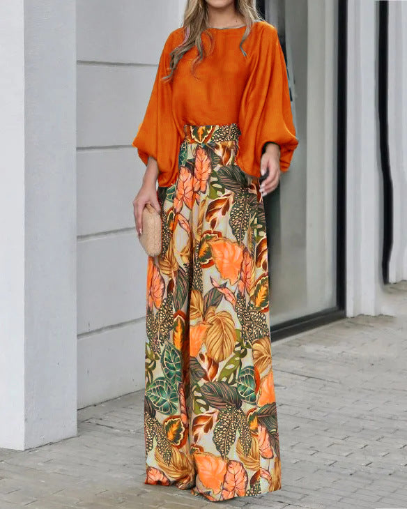 Ladies wide palazzo pants with floral pattern and elastic waistband Ivyshape