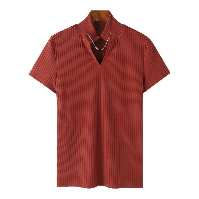 Women's Short Sleeve Shirt with V-Neck and Textured Rib Pattern Ivyshape