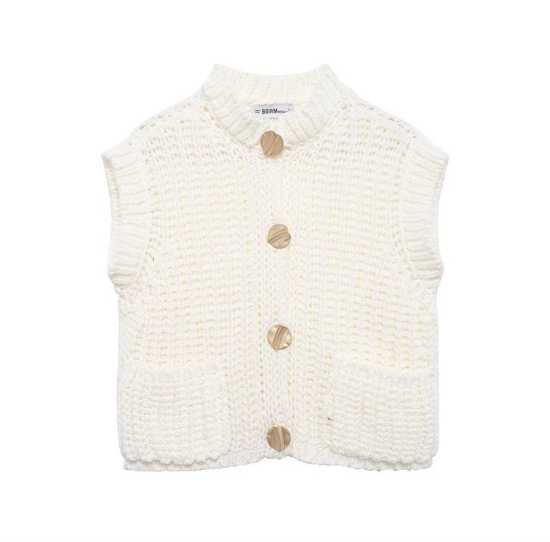 Women's knitted vest with elegant buttons and practical pockets Ivyshape