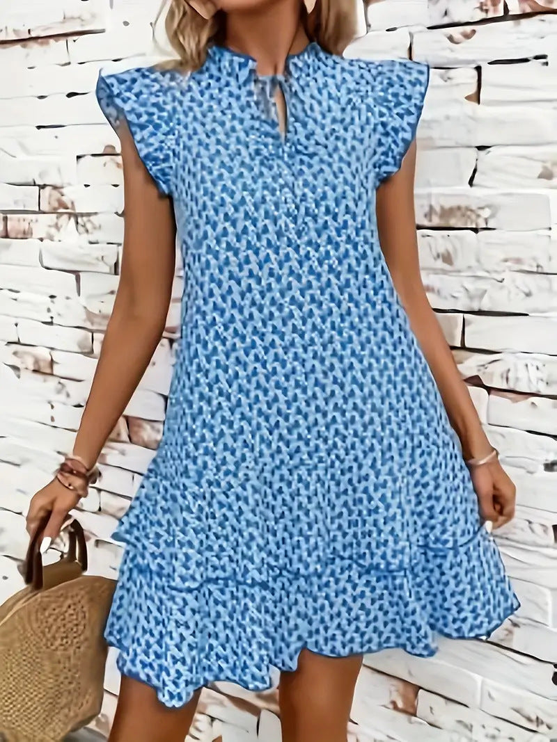 Women's Lightweight Boho Dress with Ruffle Details and High Neck Collar Ivyshape