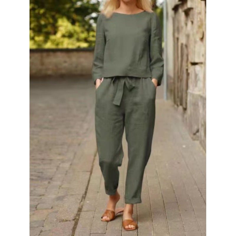 Women's Casual Linen Set with Elegant Top and Loose Pants Ivyshape
