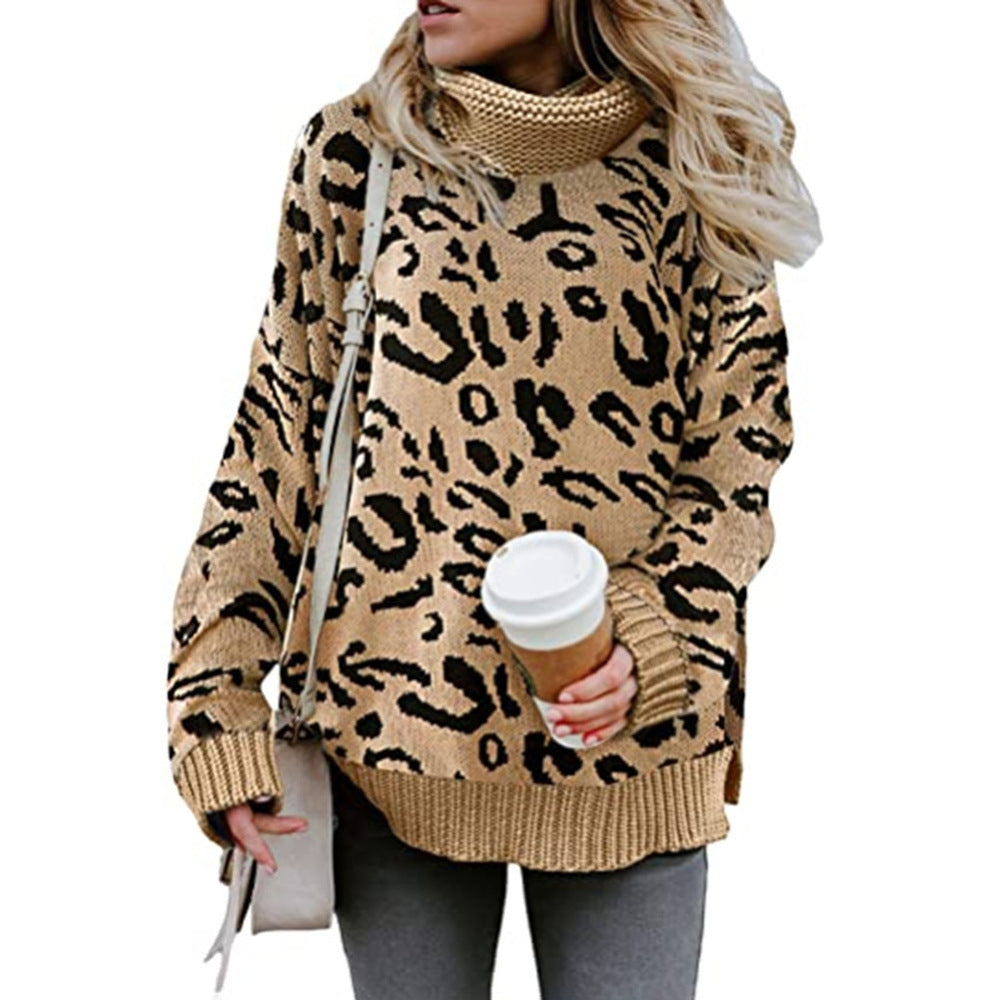 Women's oversized knitted sweater with leopard pattern and high collar Ivyshape