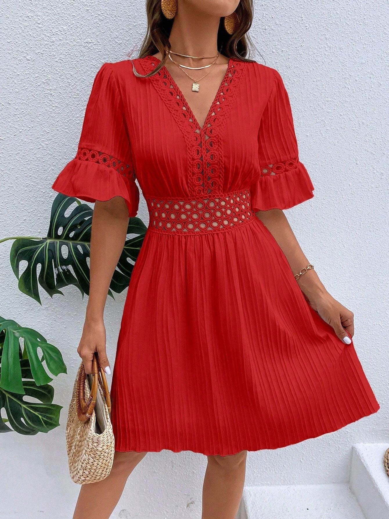 Women Elegant Midi Dress with Unusual V-Neck and Feminine Ruffle Detail Ivyshape
