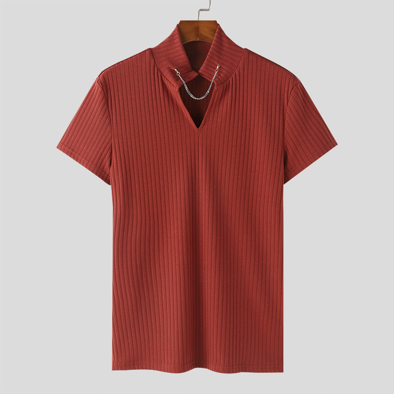 Women's Short Sleeve Shirt with V-Neck and Textured Rib Pattern Ivyshape