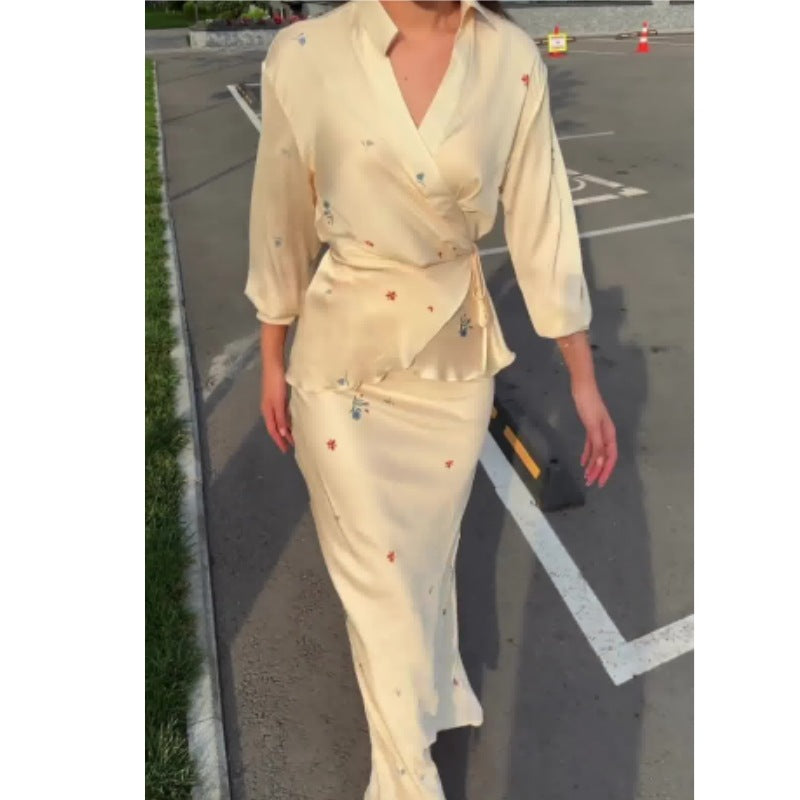 Ladies Elegant Satin Dress with Floral Design and Wrap Look Ivyshape