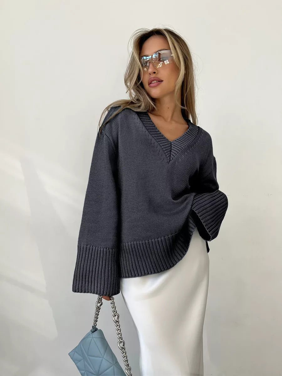 Women casual V-neck sweater with textured texture Ivyshape