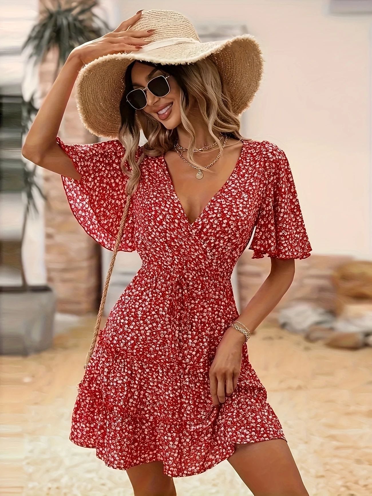 Women's Short Dress with Gathering and Wide Sleeves Ivyshape