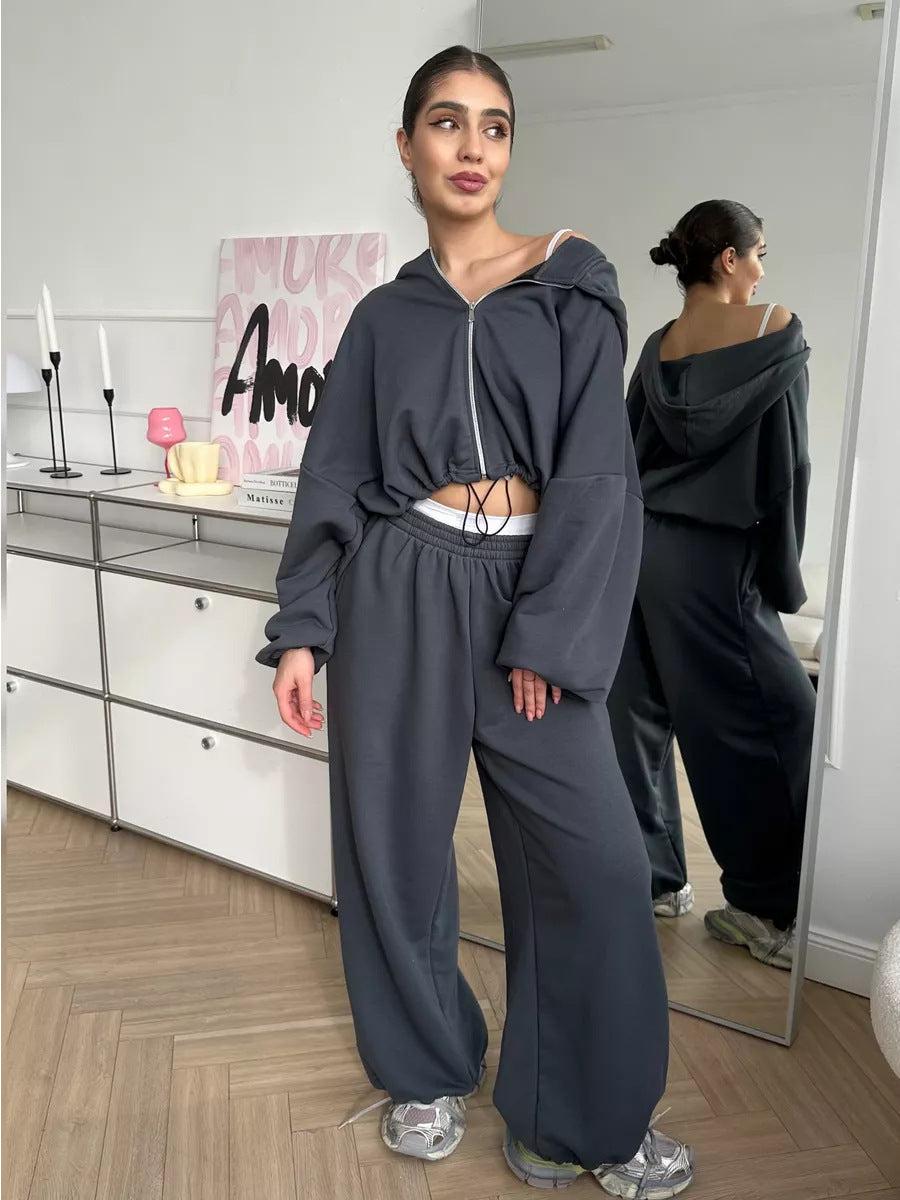 Women's Casual Fleece Set with Short Hoodie and Wide Pants Ivyshape