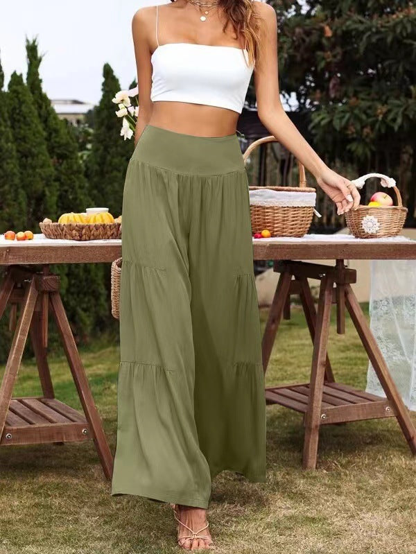 Women's wide-cut summer palazzo pants with high waist and pleated details Ivyshape