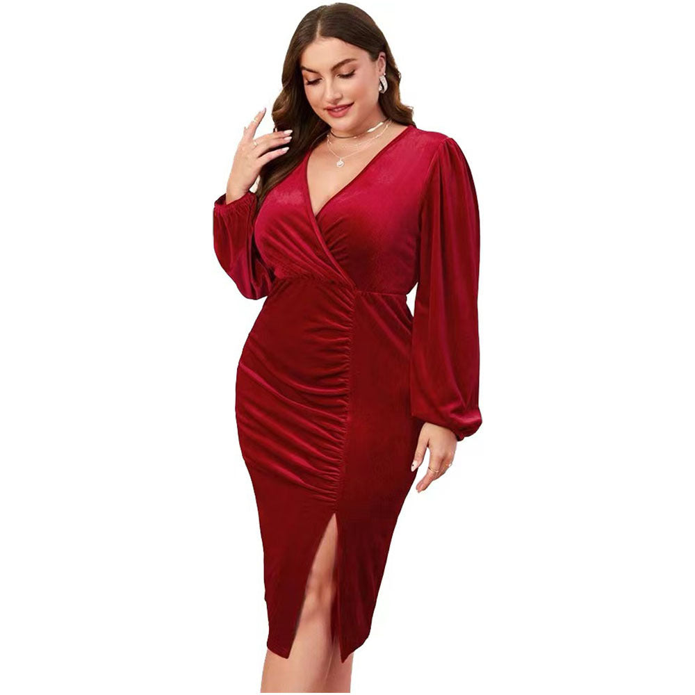 Women elegant wrap dress with gathering and high slit Ivyshape