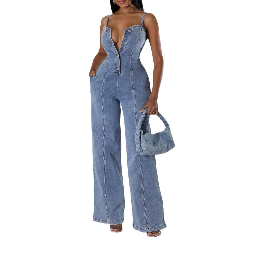 Women's Denim Jumpsuit with Button Placket Ivyshape