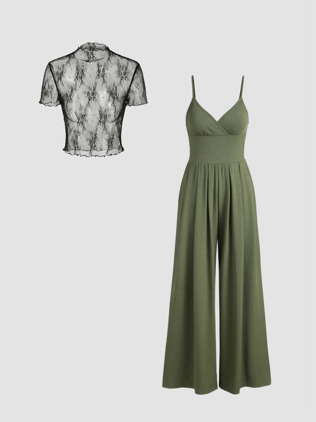 Women elegant V-neck jumpsuit with transparent blouse Ivyshape