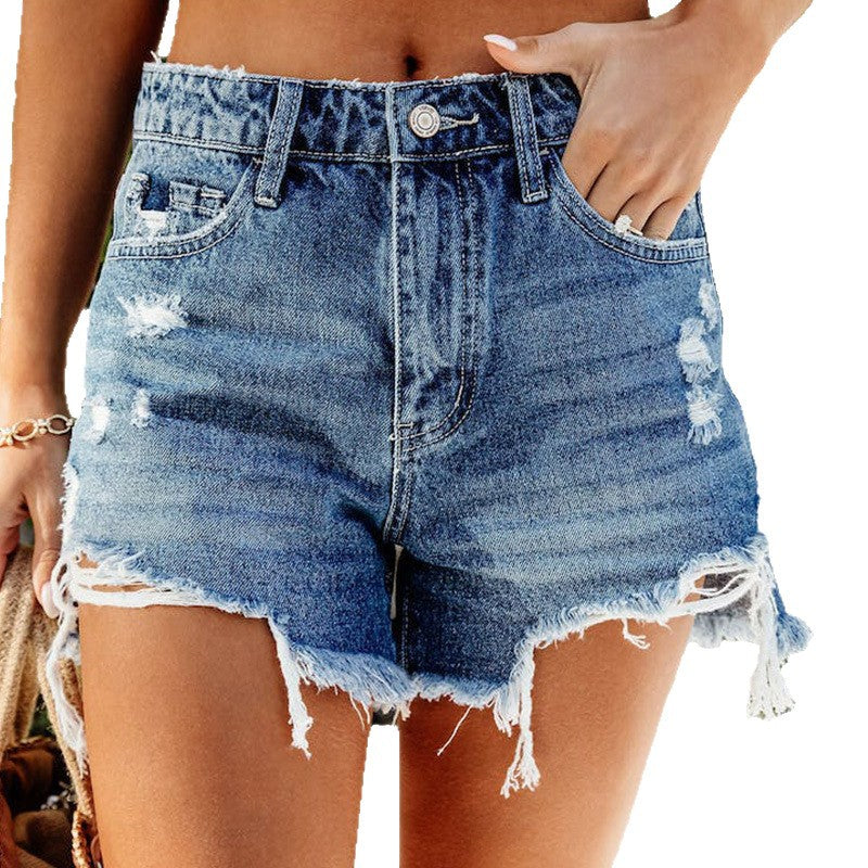 Women High-Waisted Destroyed Denim Shorts with Frayed Hems Ivyshape