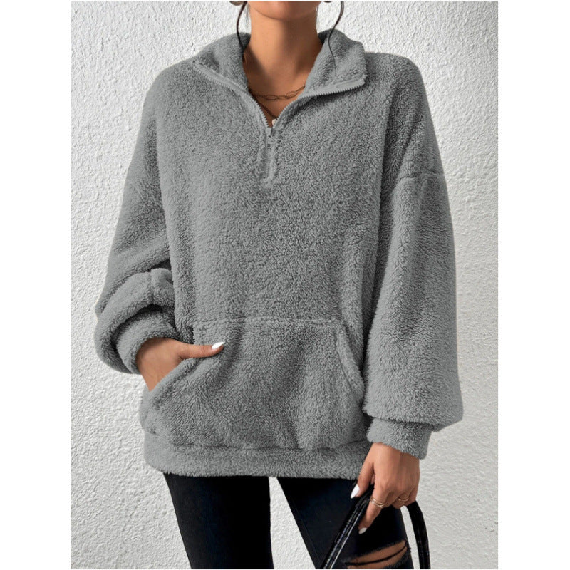 Ladies Fluffy Teddy Pullover with Half Zip and Kangaroo Pocket Ivyshape