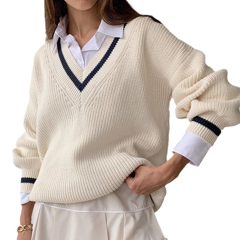 Women V-neck sweater with contrasting stripes Ivyshape