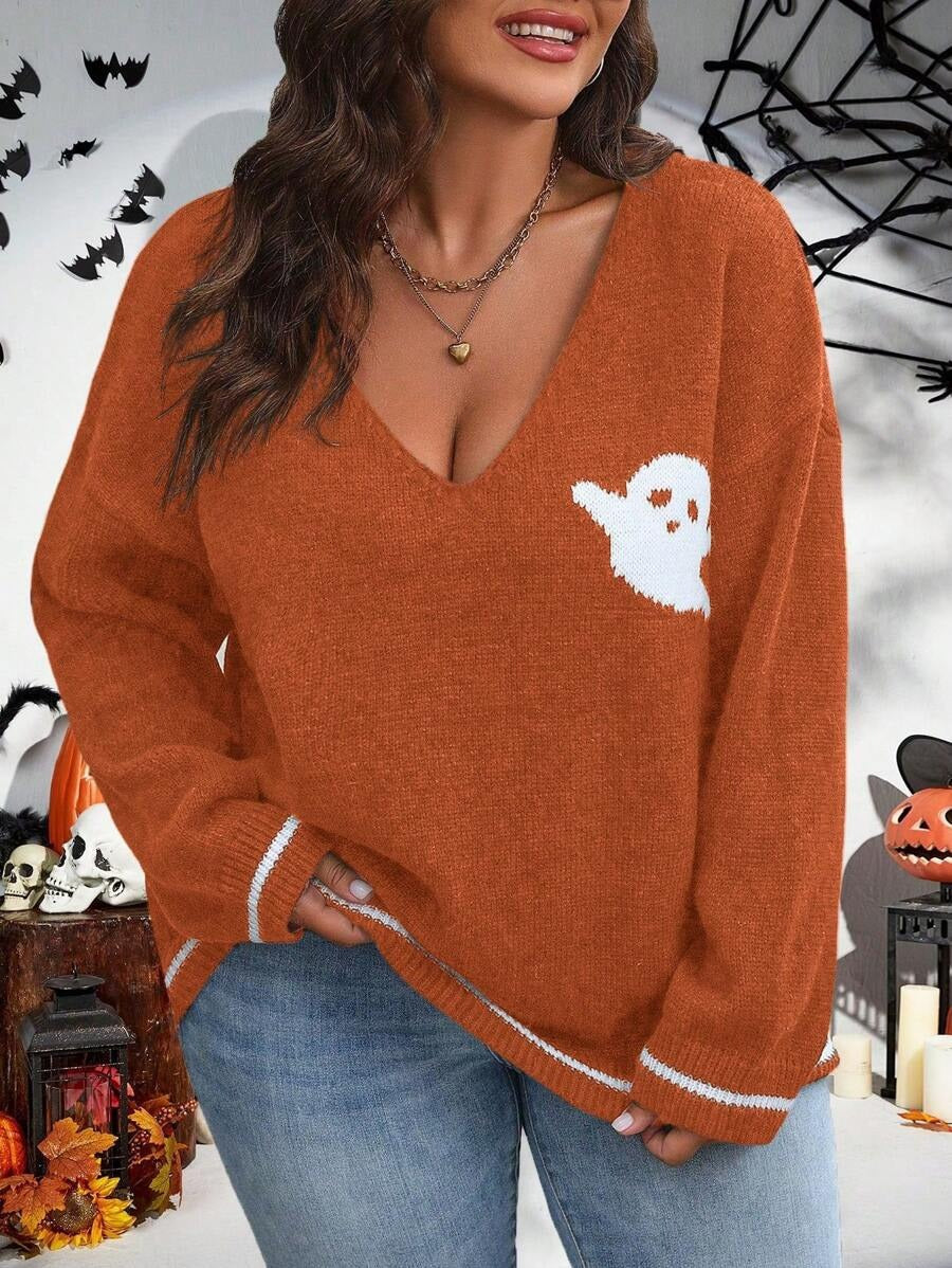 Women's knit sweater with ghost motif and V-neck Ivyshape
