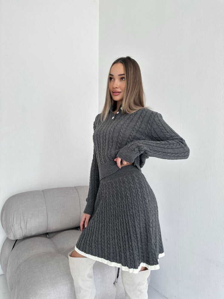 Women's knitted dress with modern polo collar and fine cable pattern Ivyshape