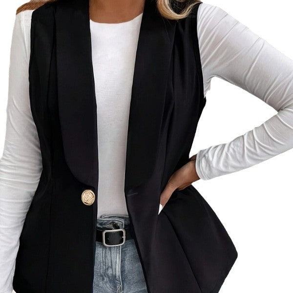 Women Elegant Sleeveless Blazer Jacket with Decorative Button Ivyshape