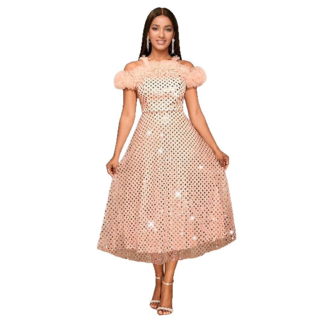 Women Festive Midi Dress with Transparent Puff Sleeves and Sparkling Details Ivyshape