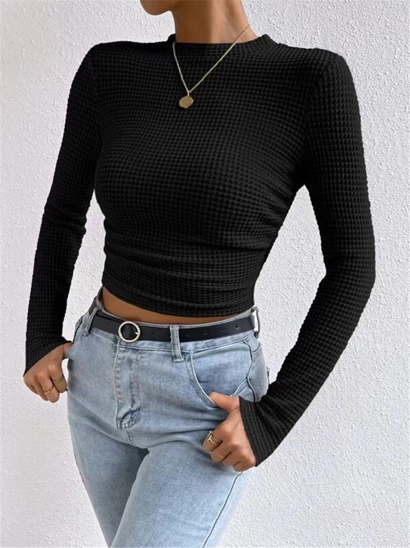 Women's fitted long sleeve crop top made of waffle texture Ivyshape