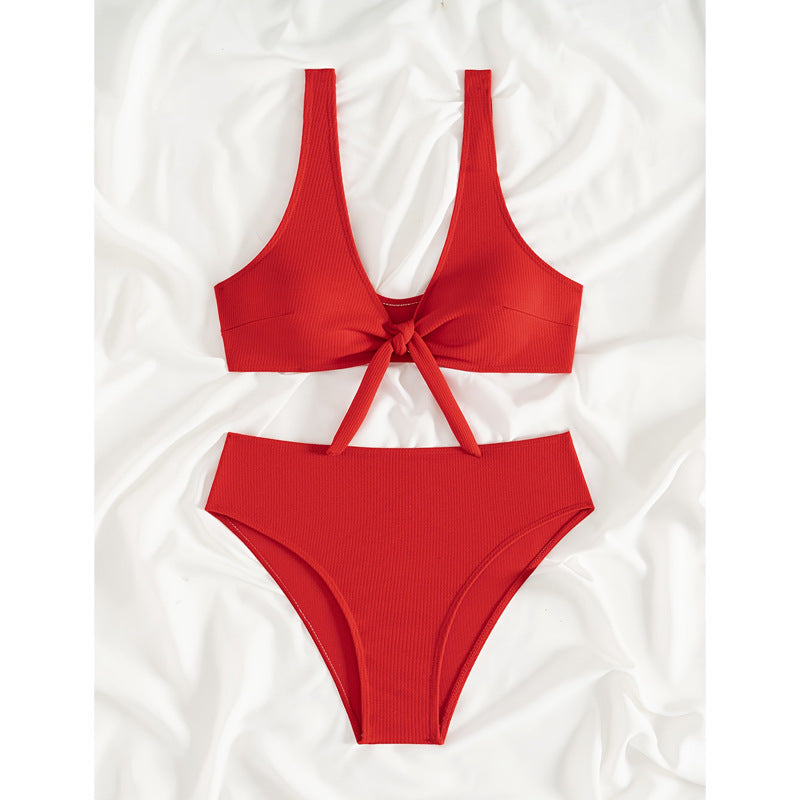 Women's High-Waist Bikini Set with Playful Knot and Textured Surface Ivyshape
