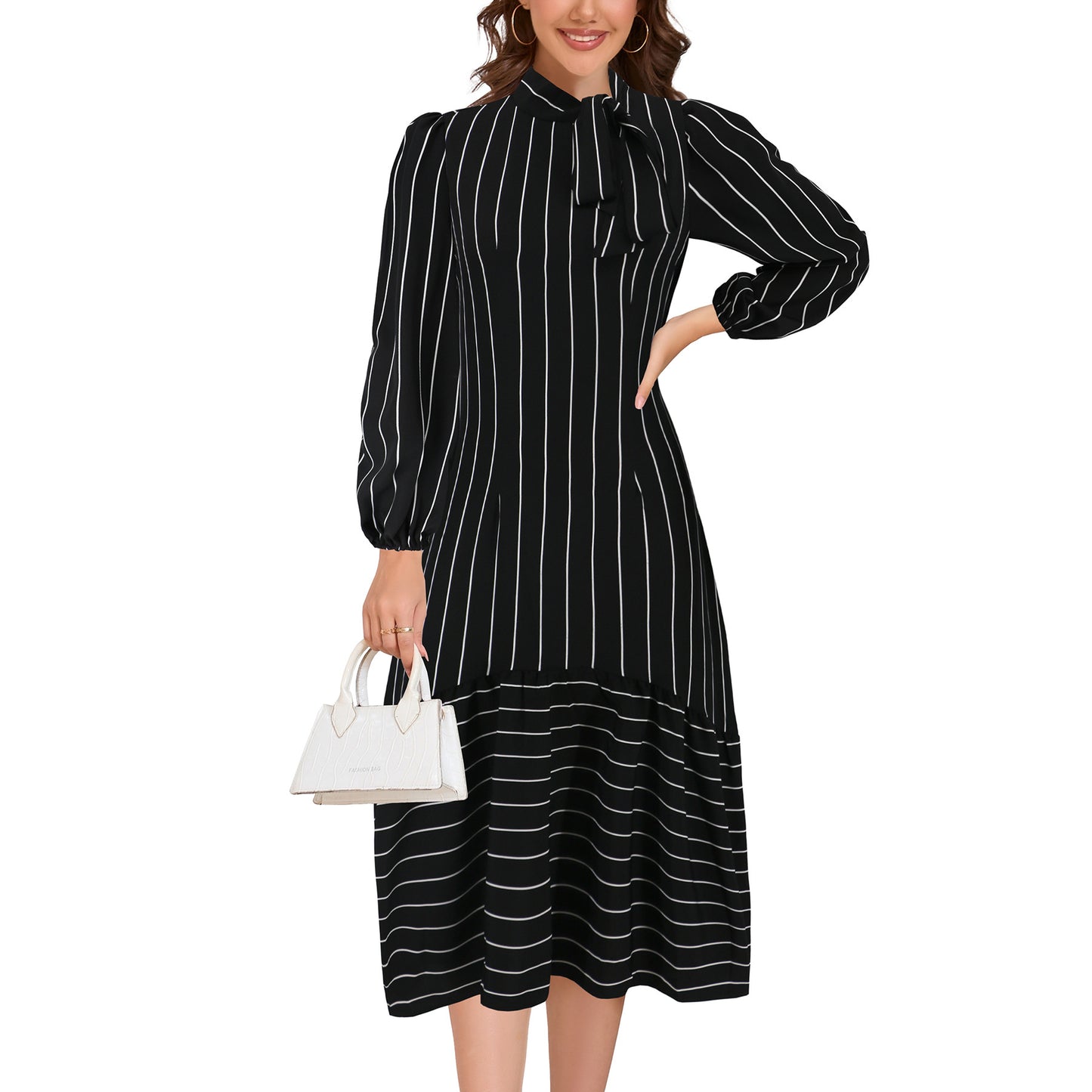 Women’s midi dress with elegant tie and stripe pattern Ivyshape