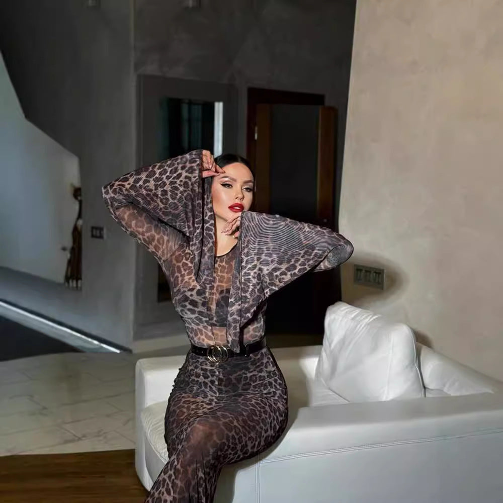 Women Elegant shimmering maxi dress with long sleeves and leopard print Ivyshape