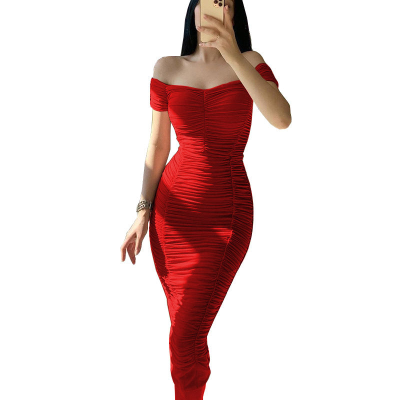 Women's Fitted Evening Dress with Off-Shoulder Cut and Gatherings Ivyshape