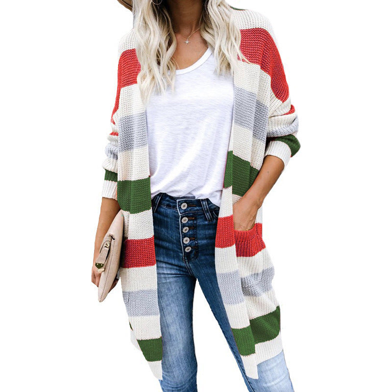 Women's casual cardigan with fashionable striped pattern and practical pockets Ivyshape