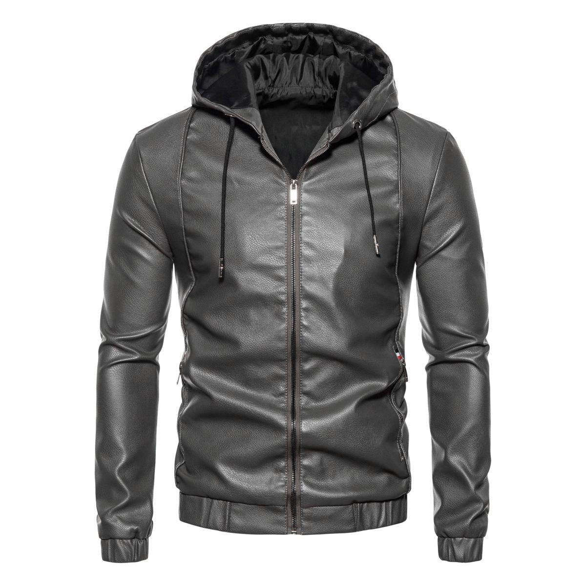 Men's synthetic leather jacket with practical hood design and sporty details Ivyshape