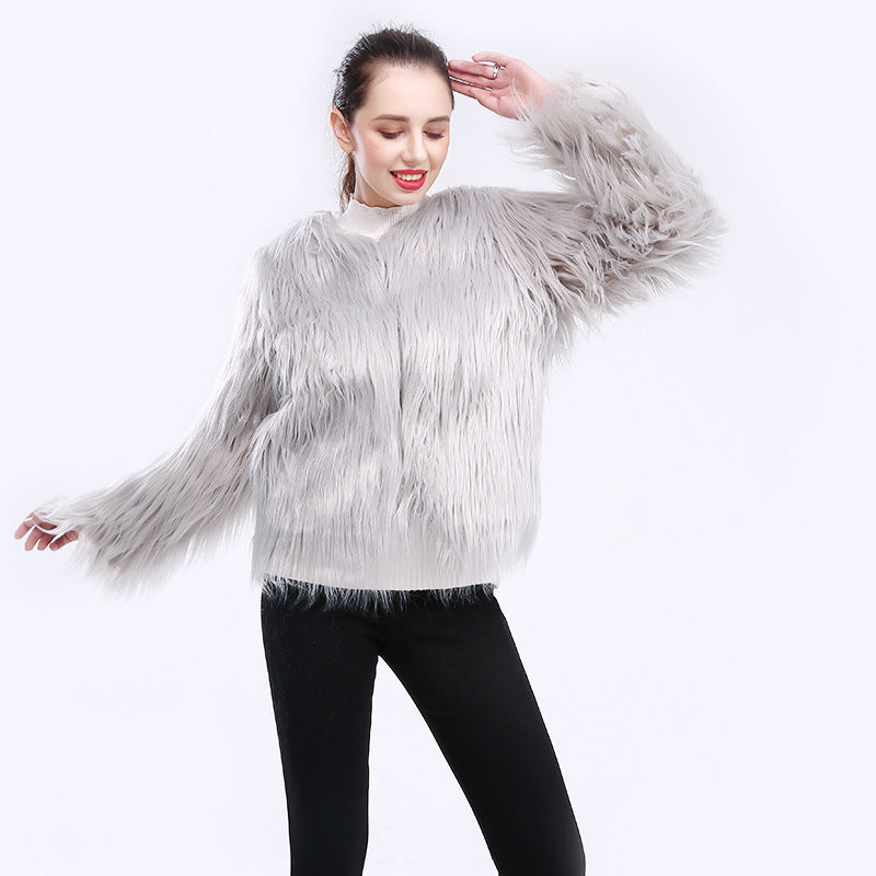 Women's Cuddly Soft Faux Fur Coat with Open Cut and Long Sleeves Ivyshape