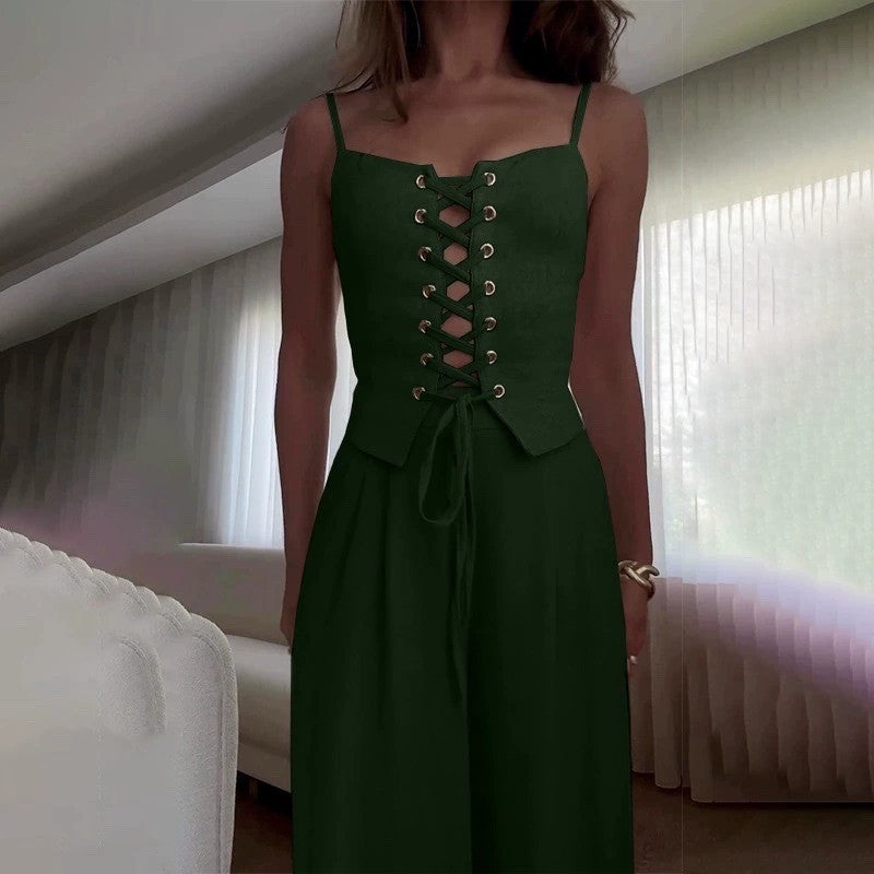 Women's jumpsuit with feminine lacing and wide-cut leg Ivyshape